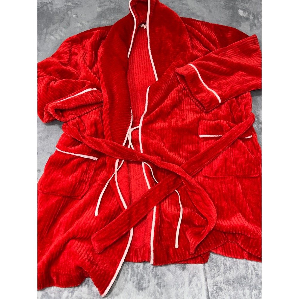 Kate Spade New York Red Ribbed Plush Robe White Piping Tie Waist 0214